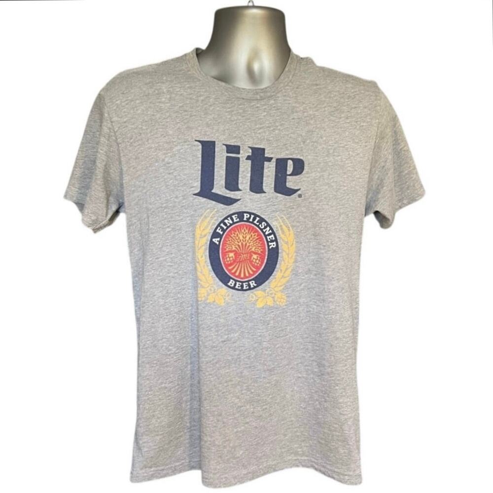 Miller Lite Gray Short Sleeve Crew Neck Cotton Graphic Logo T-Shirt Size M